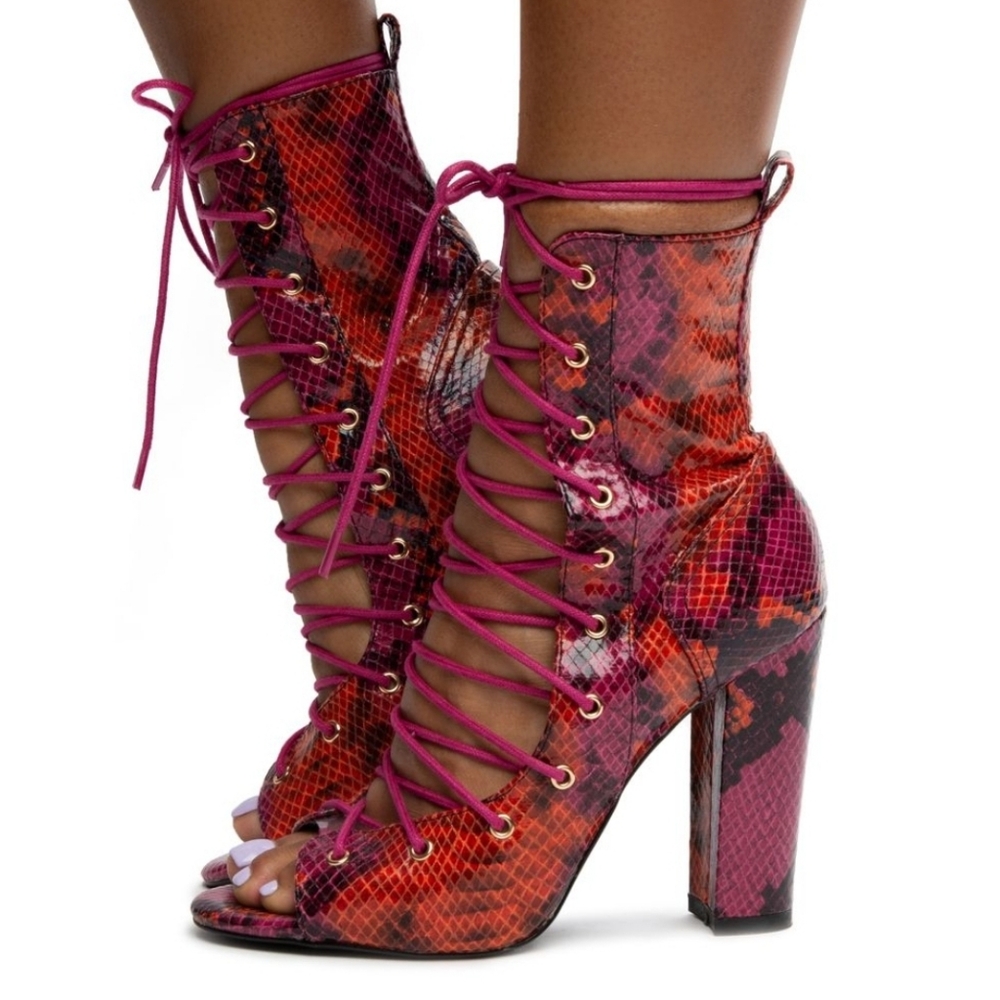 Lilliana Brand Snakeskin Print Lace-up Heels